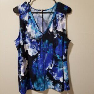 Tahari Blue Floral Watercolor V Neck Tank Top Women's XL